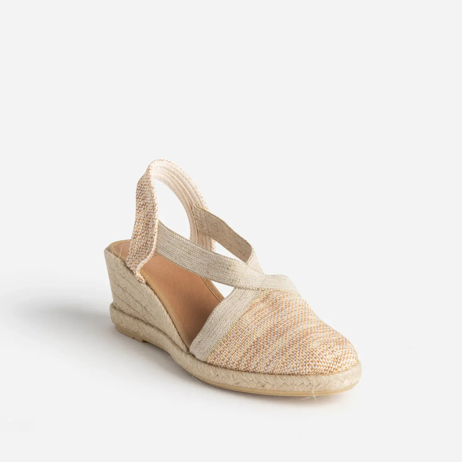 Espadrille compensée beige et camel pailleté or en toile