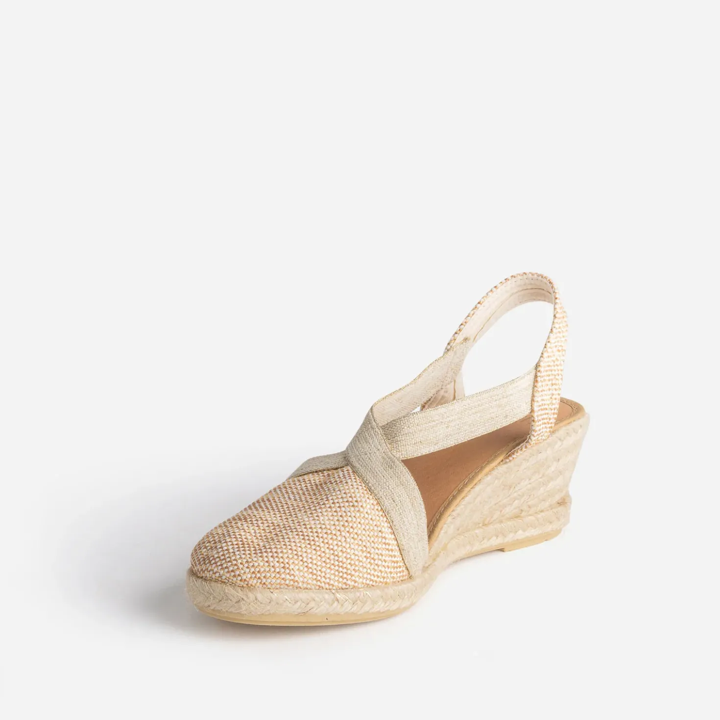 Espadrille compensée beige et camel pailleté or en toile
