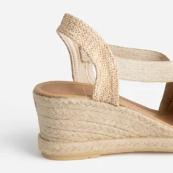 Espadrille compensée beige et camel pailleté or en toile
