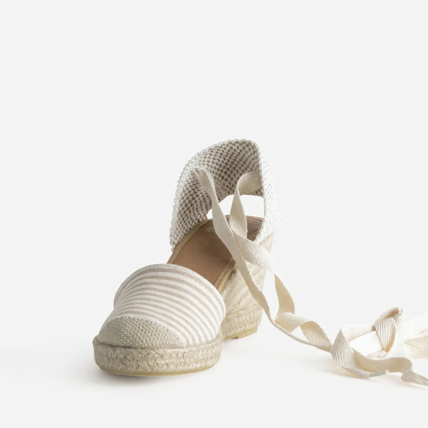 Espadrille compensée écrue toile rayée taupe