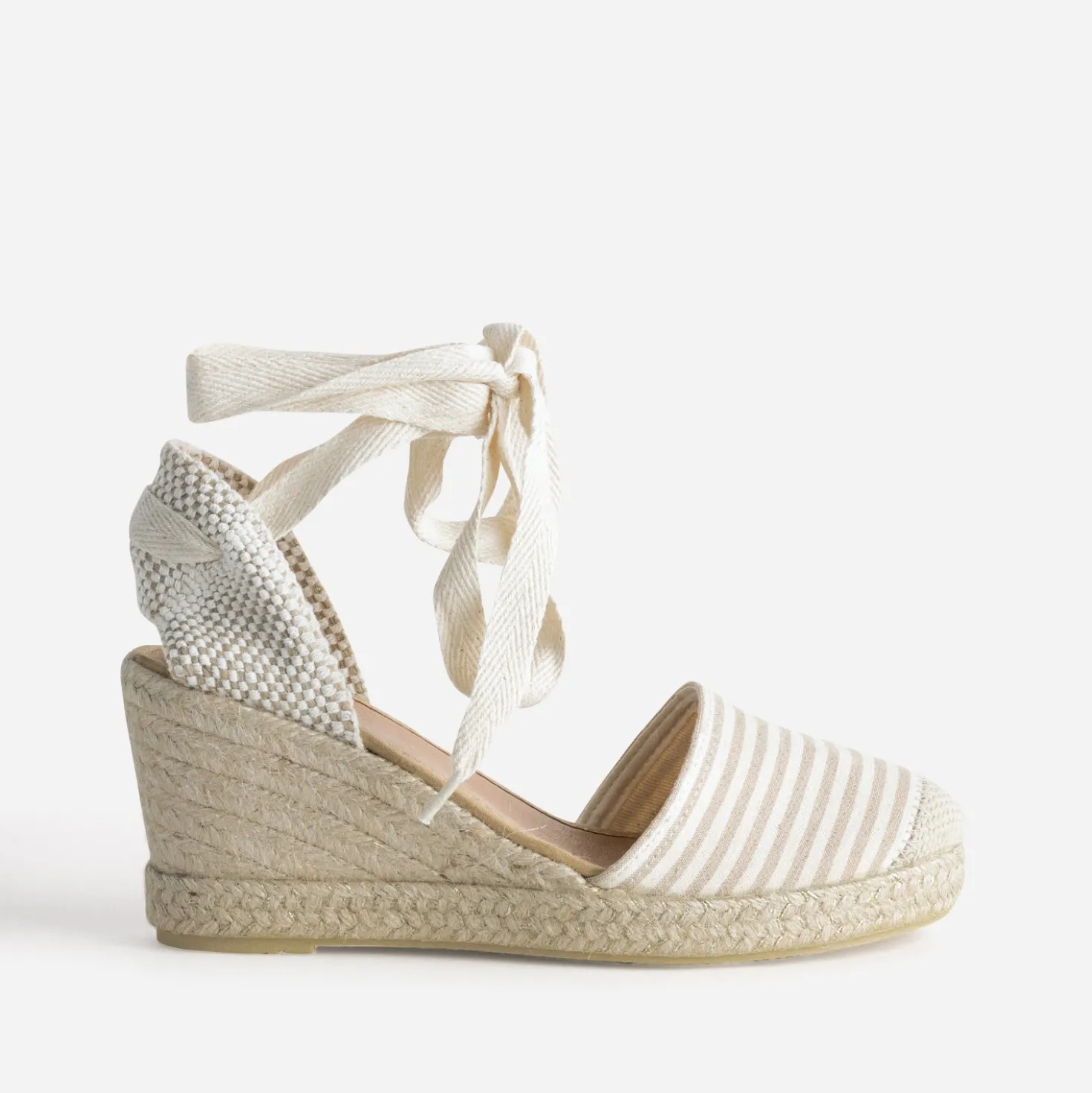 Espadrille compensée écrue toile rayée taupe