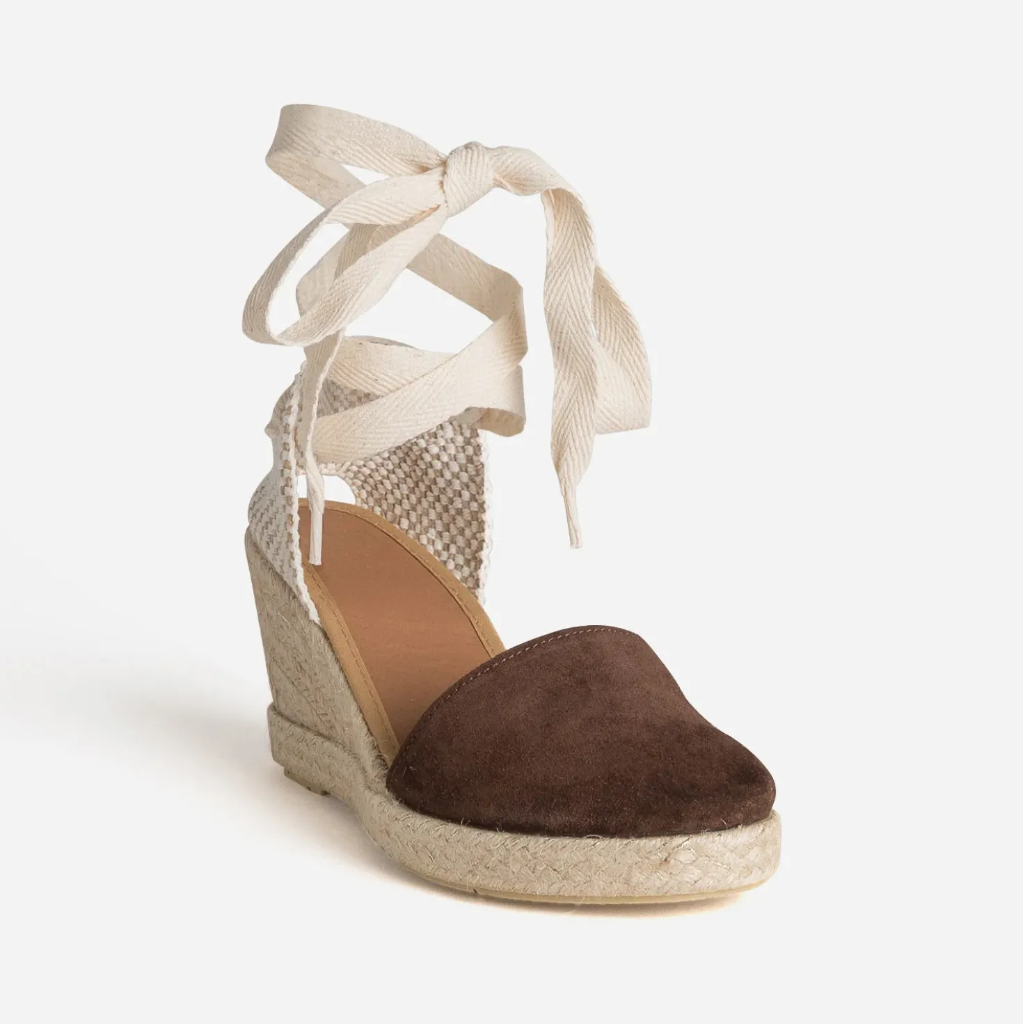 Espadrille compensée marron cuir velours