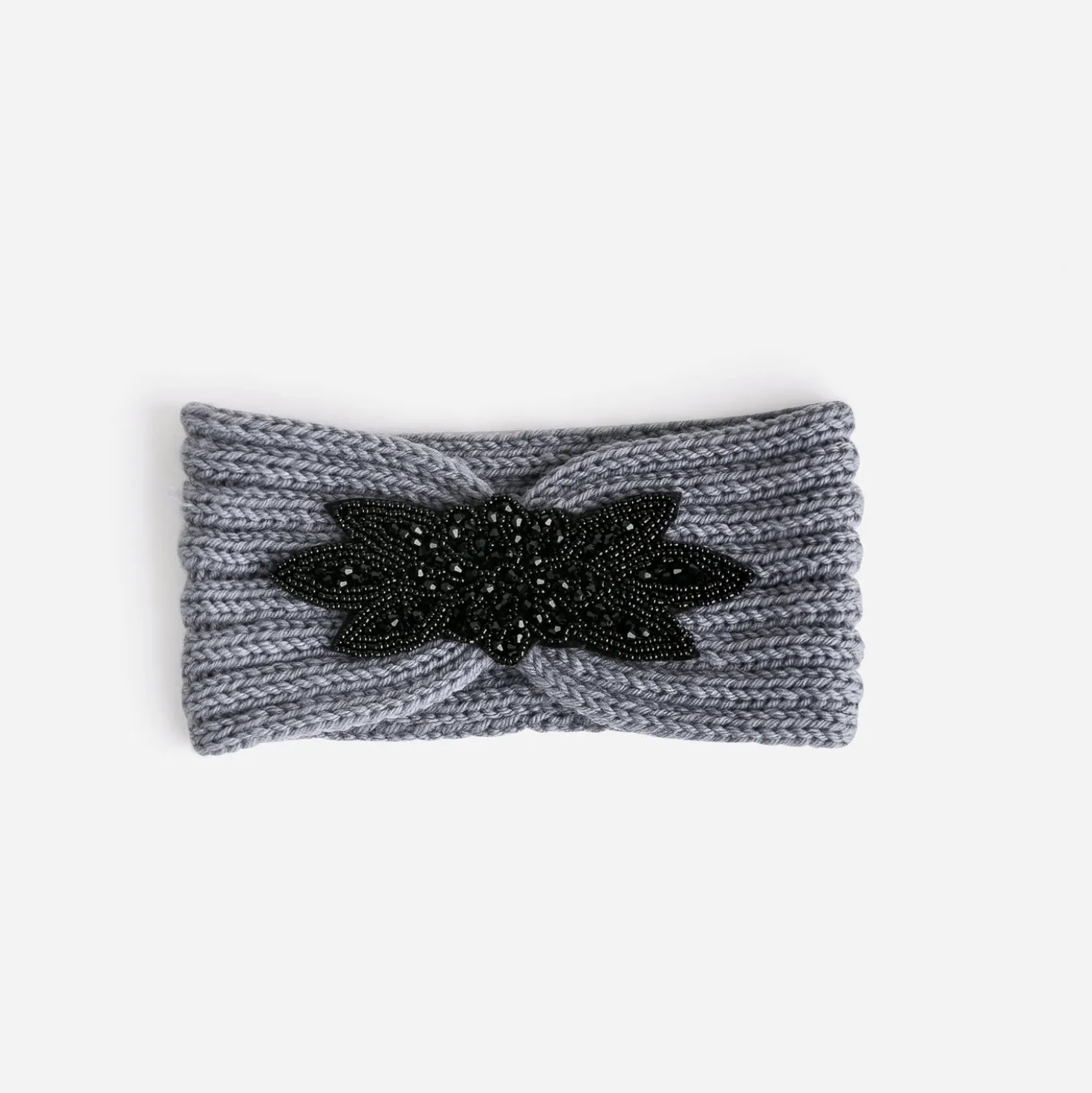 Headband TEXTO gris tricot décor brodé