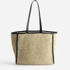Maxi cabas TEXTO beige paille papier et noir