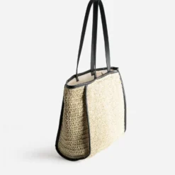Maxi cabas TEXTO beige paille papier et noir