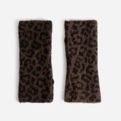 Mitaines marron tricot motif léopard