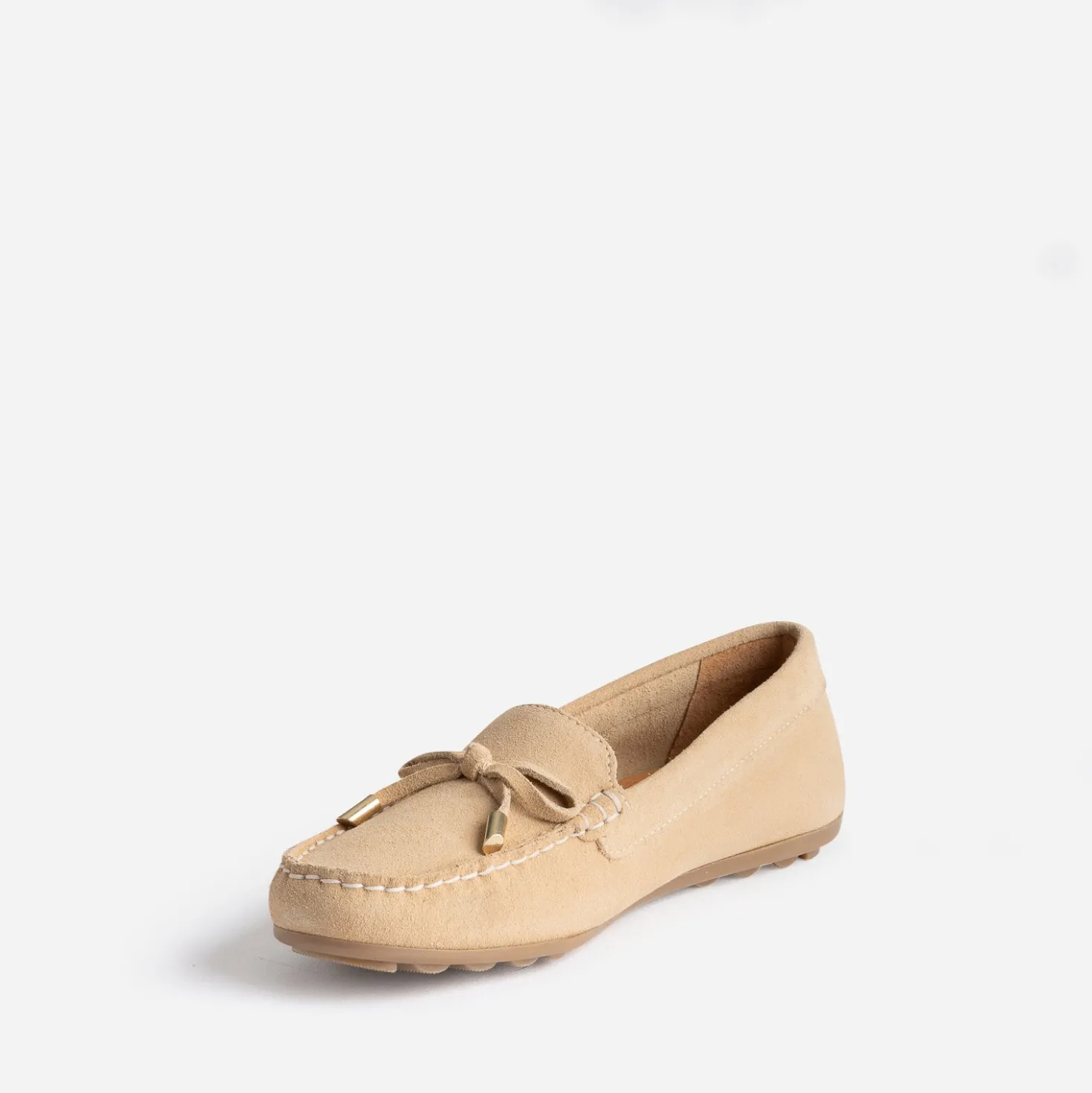 Mocassin beige cuir velours petit nœud