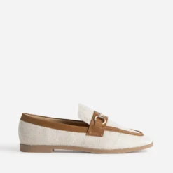 Mocassin bi-matière beige lin et cognac