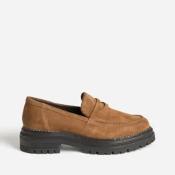 Mocassin camel cuir velours semelle crantée