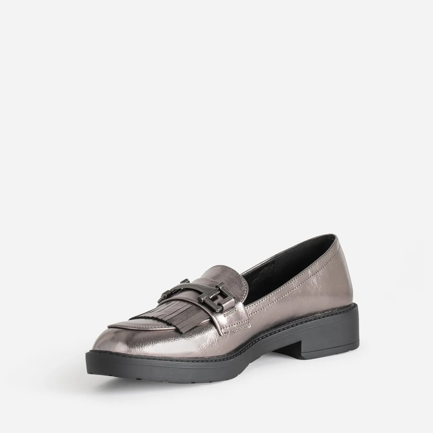 Mocassin gris foncé métallisé à franges