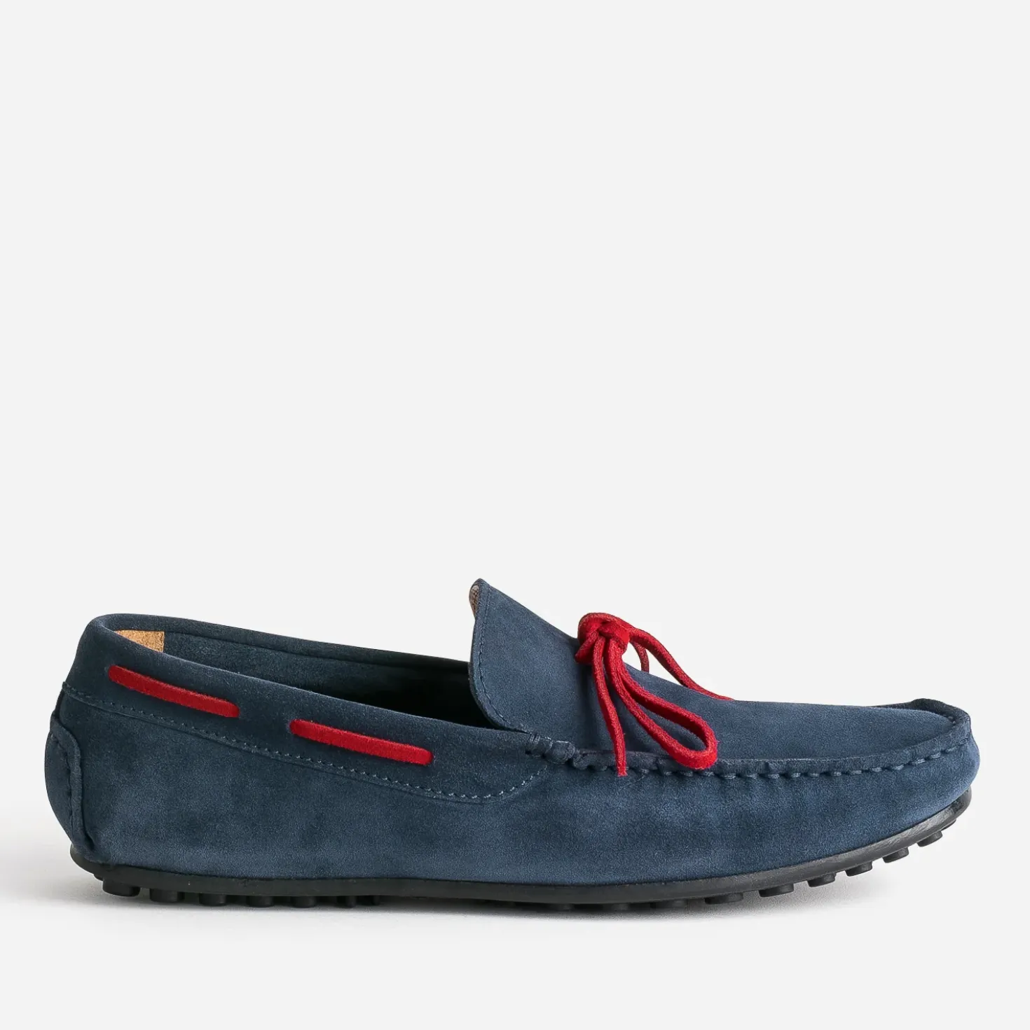 Mocassin marine cuir velours lacet rouge