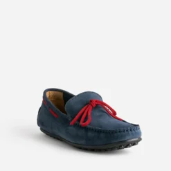 Mocassin marine cuir velours lacet rouge