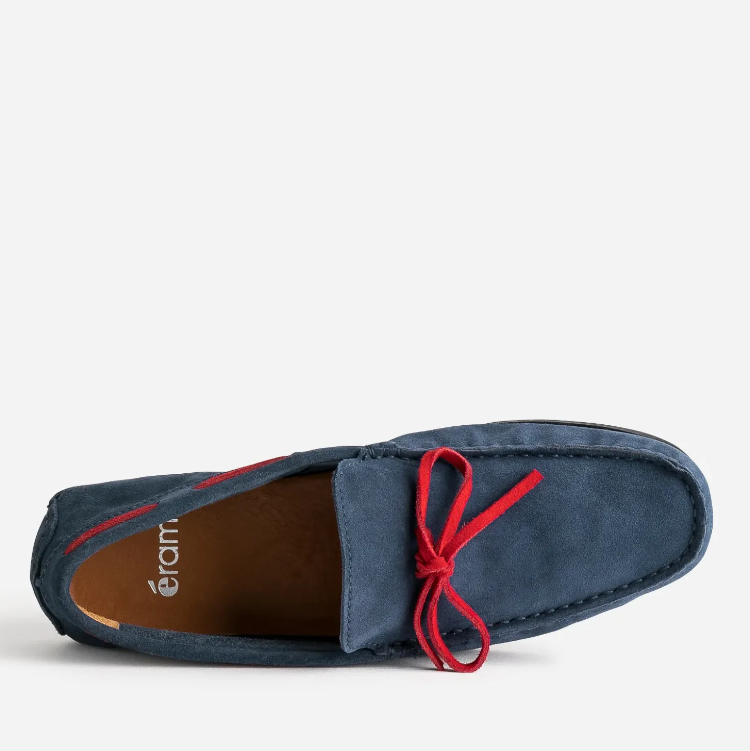 Mocassin marine cuir velours lacet rouge