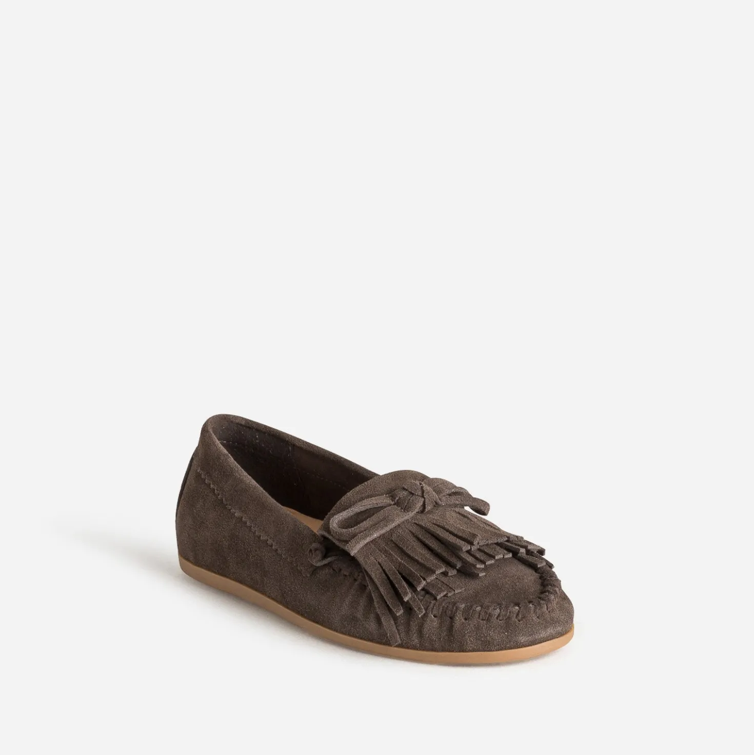 Mocassin marron cuir velours patte frangée