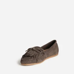 Mocassin marron cuir velours patte frangée