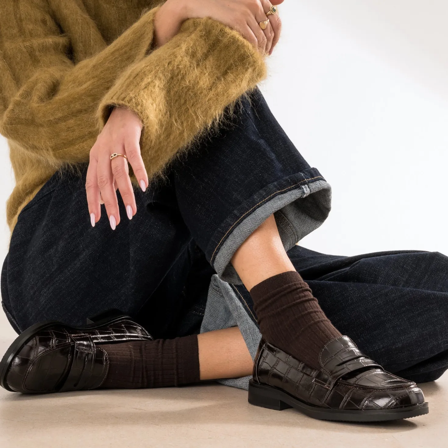 Mocassin marron verni embossage effet croco