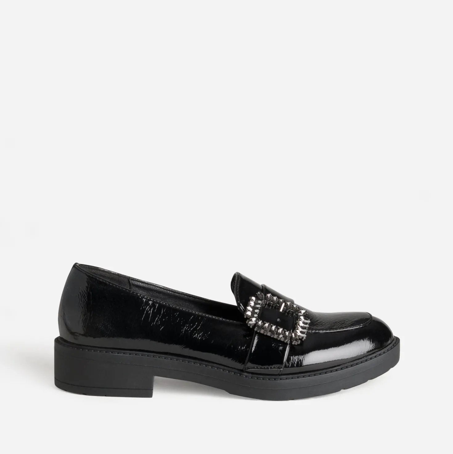 Mocassin noir verni boucle strass
