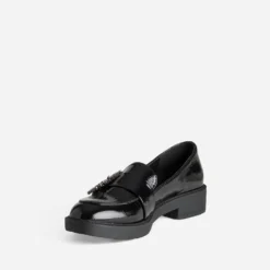 Mocassin noir verni boucle strass