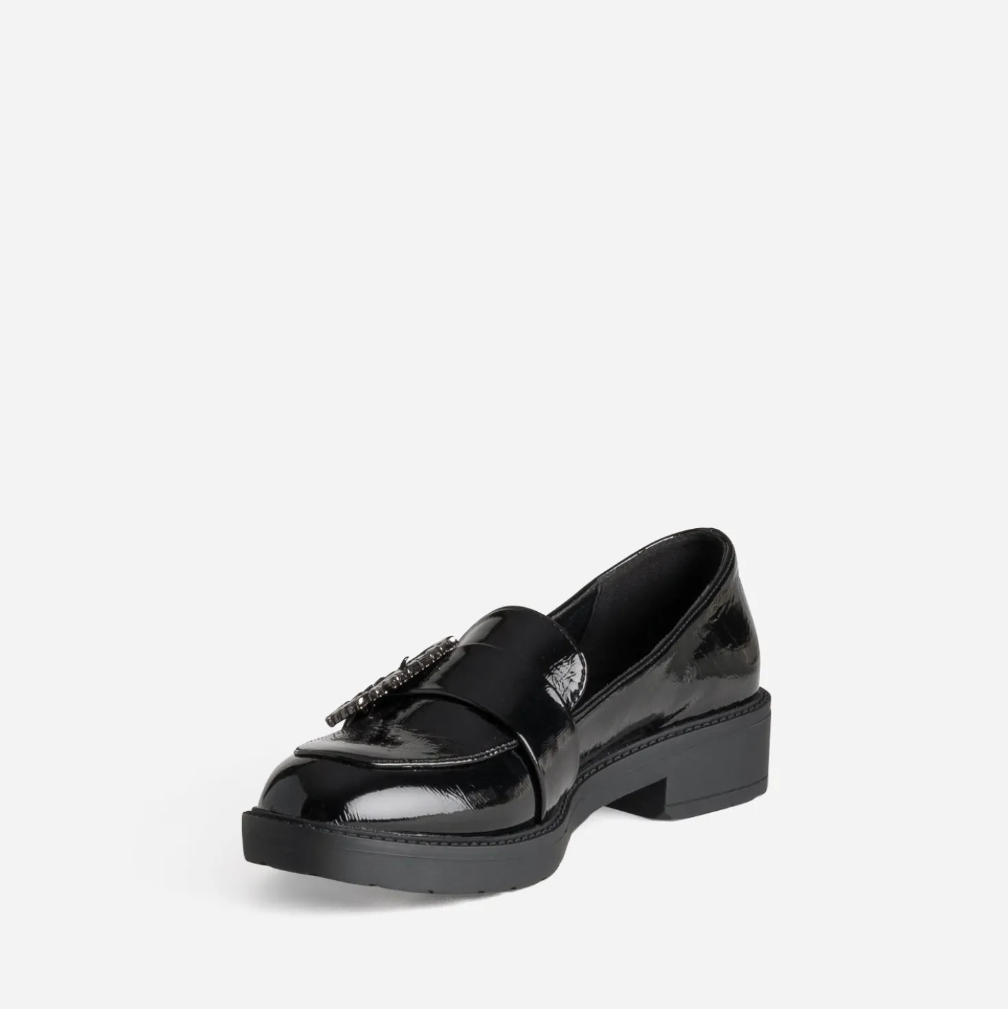 Mocassin noir verni boucle strass