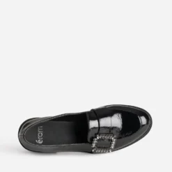 Mocassin noir verni boucle strass