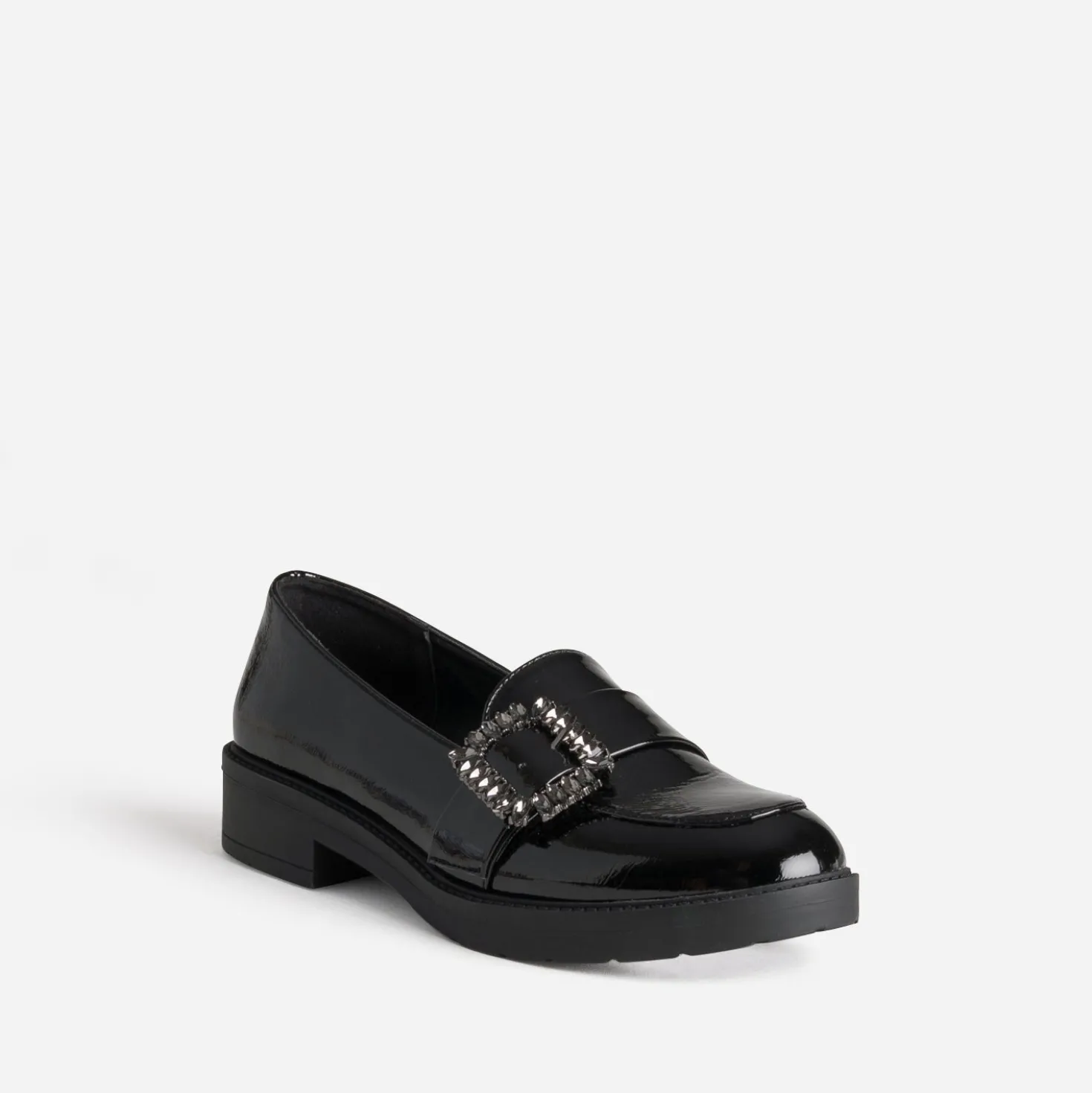 Mocassin noir verni boucle strass