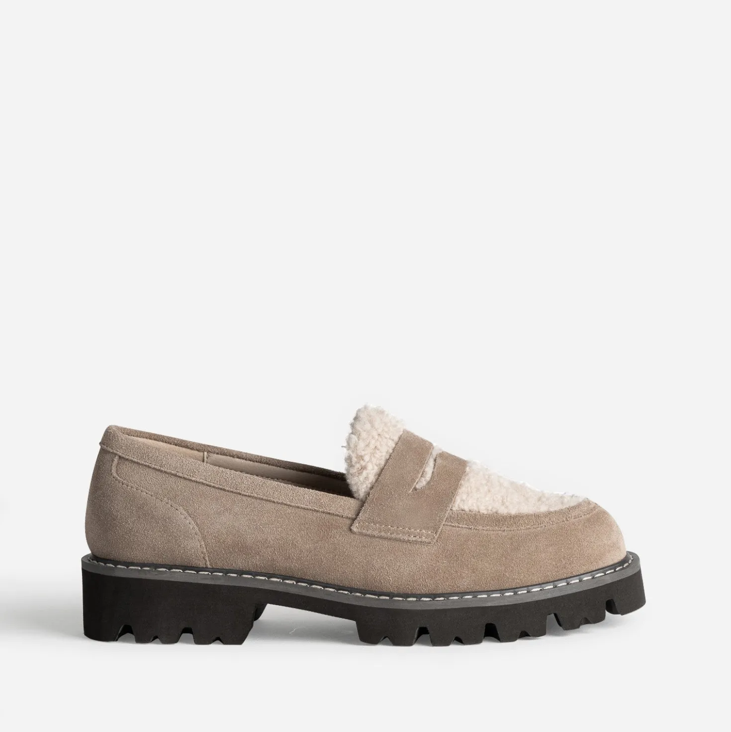 Mocassin taupe cuir velours et sherpa