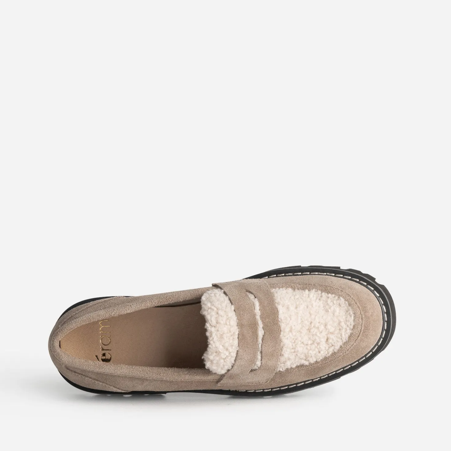 Mocassin taupe cuir velours et sherpa
