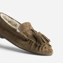 Mocassin taupe cuir velours fourré
