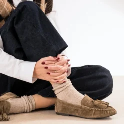 Mocassin taupe cuir velours fourré