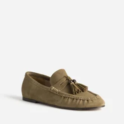 Mocassin taupe cuir velours à pampilles
