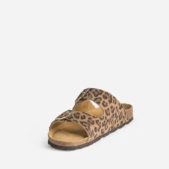Mule anatomique beige cuir velours effet léopard