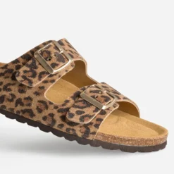 Mule anatomique beige cuir velours effet léopard