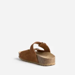 Mule anatomique camel cuir velours à plateforme