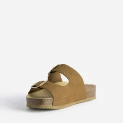 Mule anatomique camel cuir velours à plateforme
