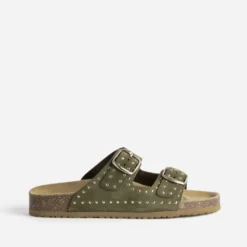 Mule anatomique kaki cuir velours décor clous