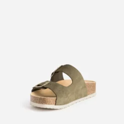 Mule anatomique kaki en cuir velours
