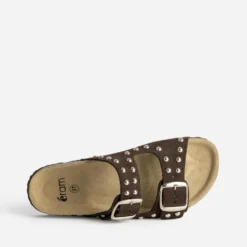 Mule anatomique marron cuir velours décor clous