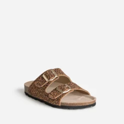 Mule anatomique marron cuir velours motif léopard
