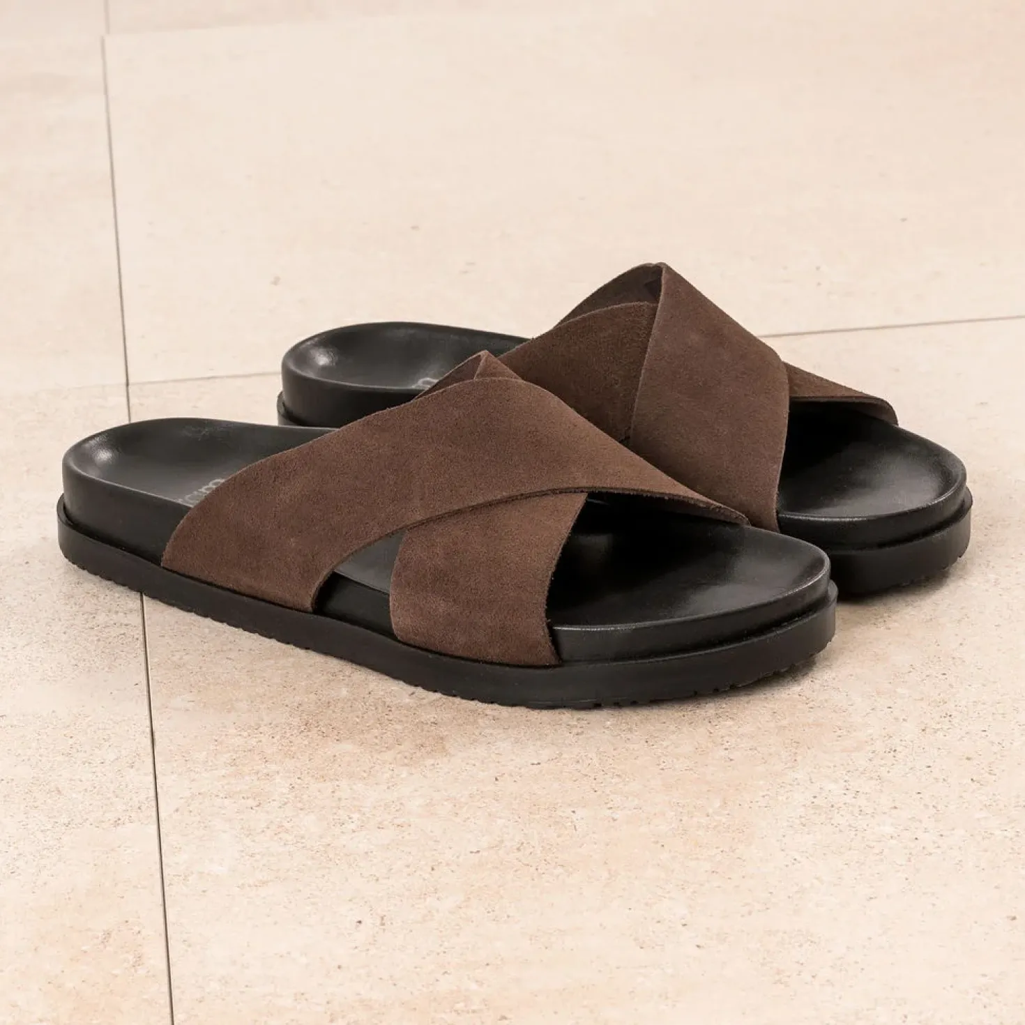 Mule anatomique marron cuir velours