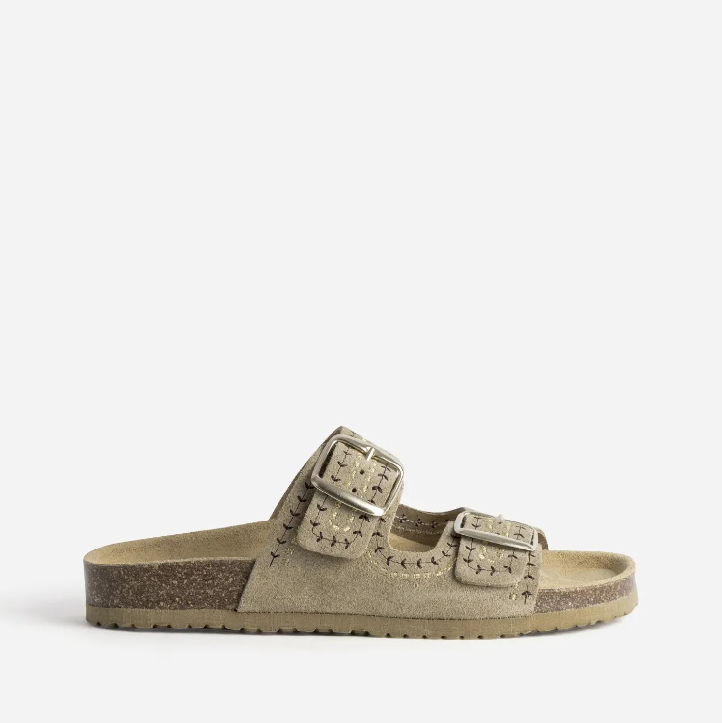 Mule anatomique taupe cuir velours brodé