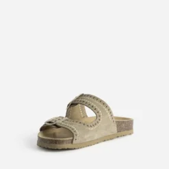 Mule anatomique taupe cuir velours brodé