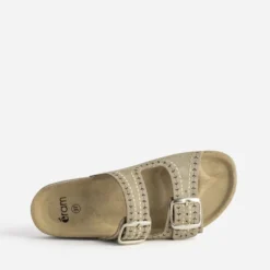 Mule anatomique taupe cuir velours brodé