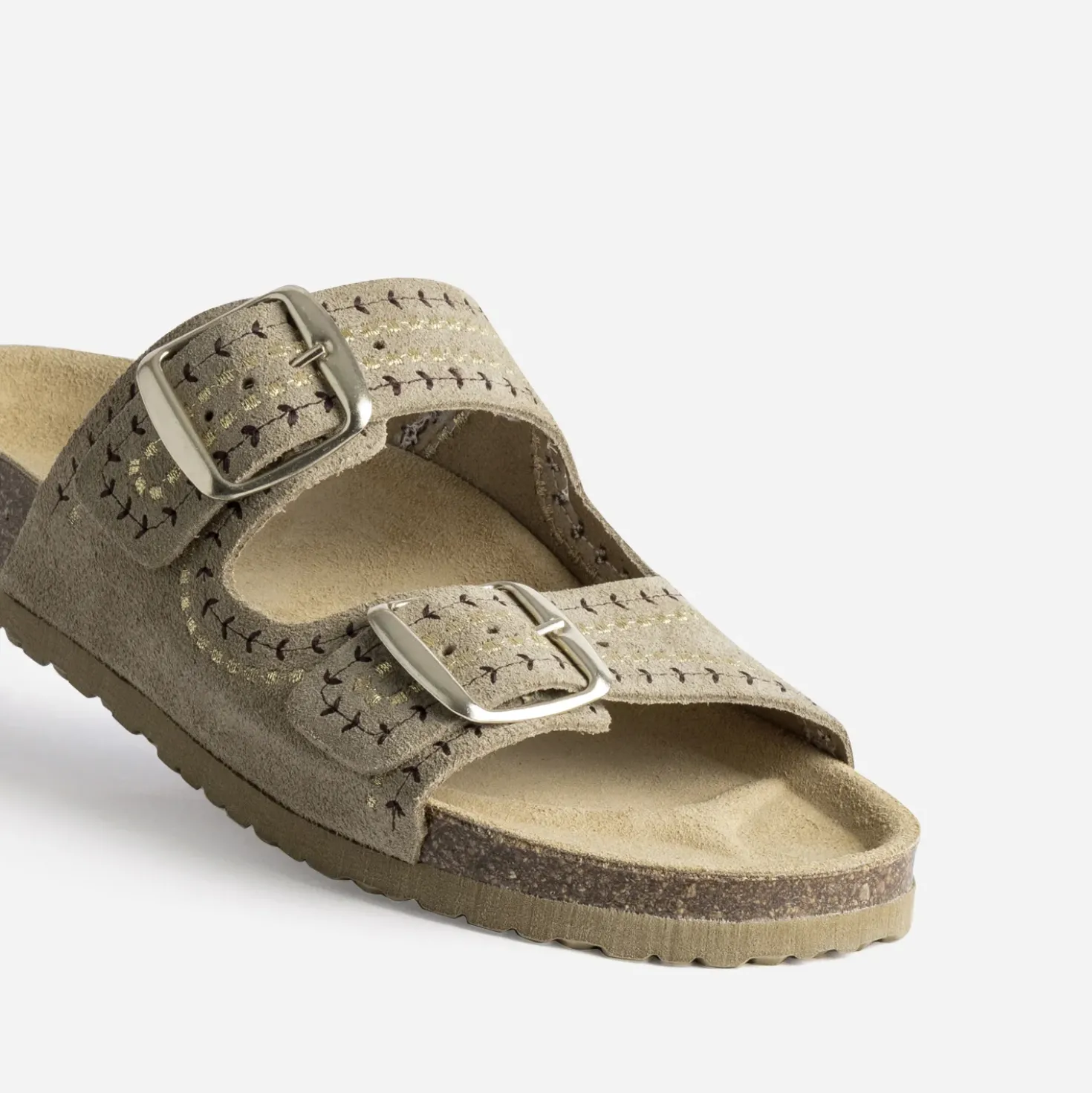 Mule anatomique taupe cuir velours brodé