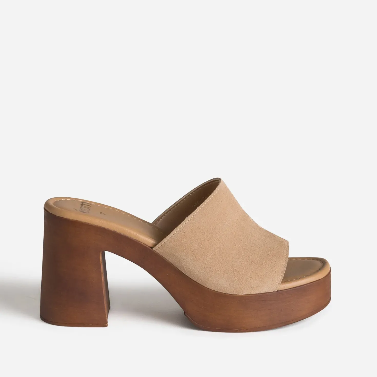 Mule beige cuir velours semelle effet bois