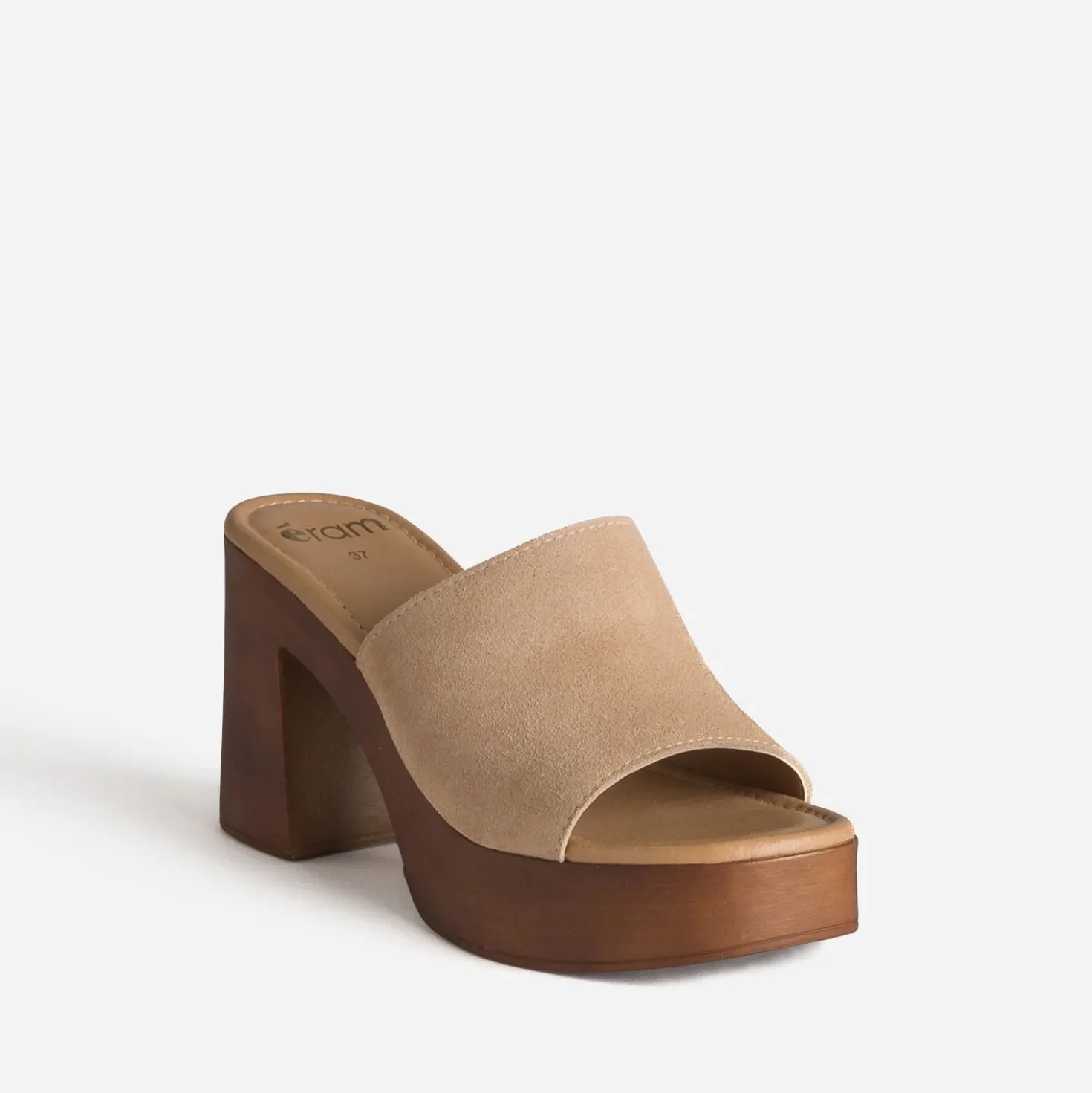 Mule beige cuir velours semelle effet bois