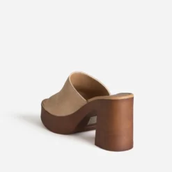 Mule beige cuir velours semelle effet bois