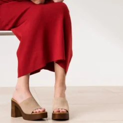 Mule beige cuir velours semelle effet bois