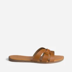 Mule camel cuir brides tressées