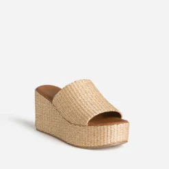 Mule compensée beige raphia tressé