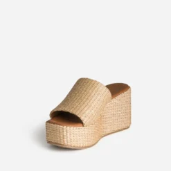 Mule compensée beige raphia tressé